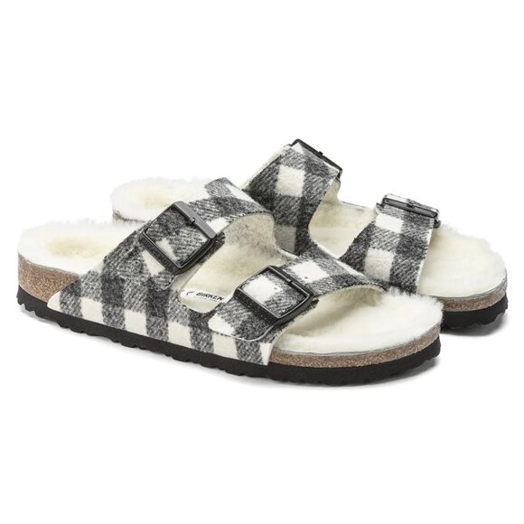 🆕BIRKENSTOCK Arizona Shearling Lined Wool Slide Sandals Black White Plaid 6-6.5